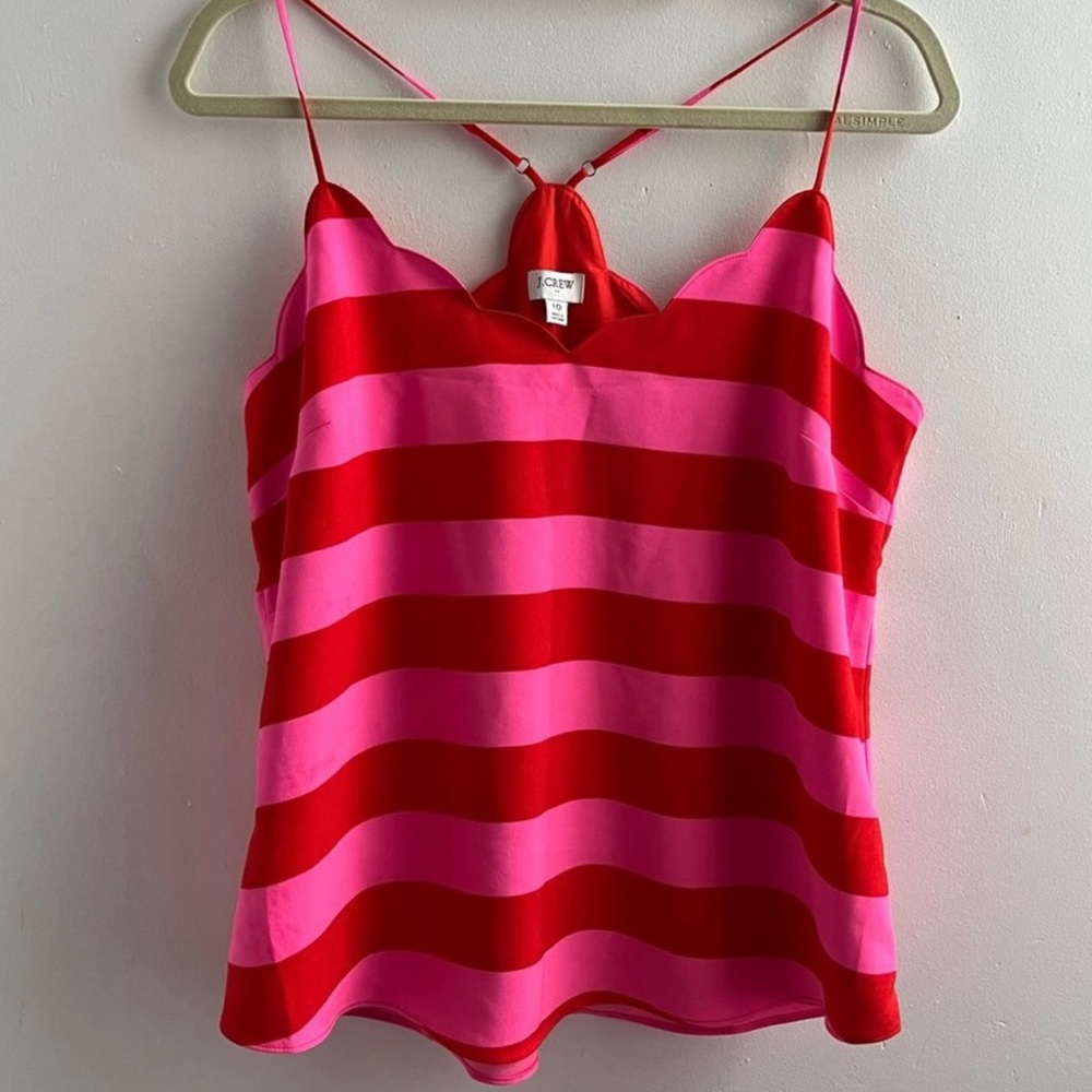J. Crew Red and Pink Striped Scalloped Tank